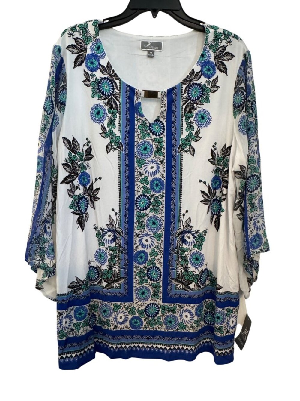 JM Collection Womens 1X White Blue & Green Floral Print Sheer Sleeve Top - Picture 2 of 5